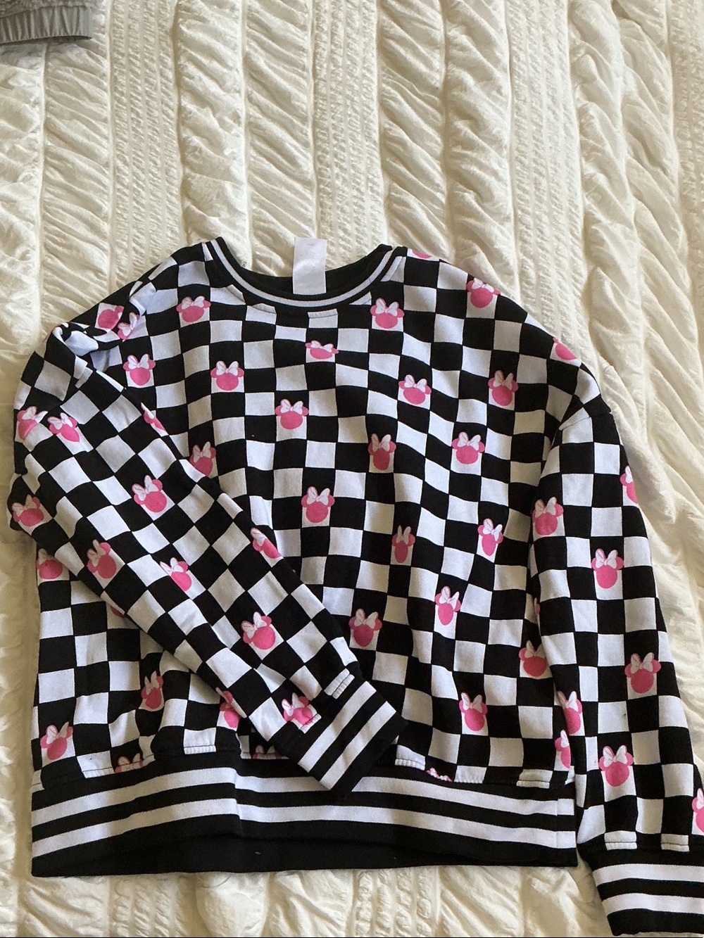 Disney Black & White Checkered Sweatshirt with Pink Minnie Icons